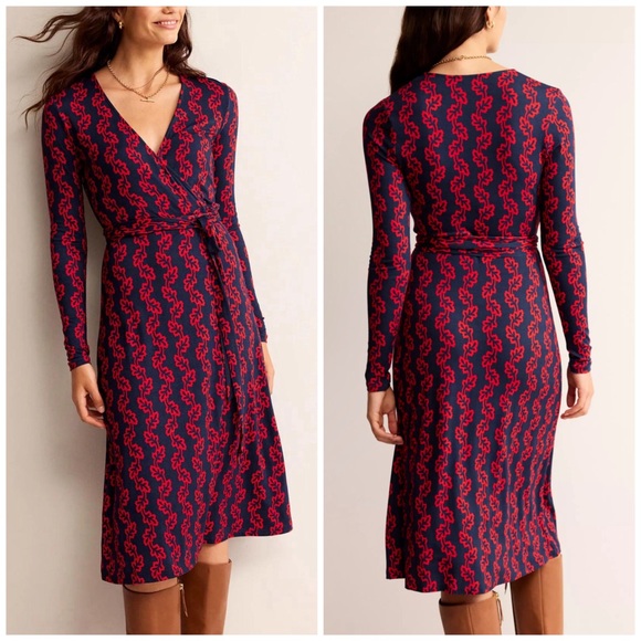 Boden Nina Long Sleeve V-Neck Jersey Midi Dress Navy Red Size 10R - Picture 1 of 17